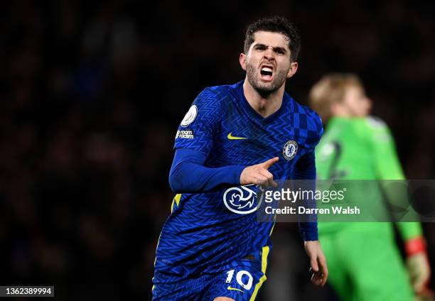 Christian Pulisic of Chelsea celebrates after scoring their side's second goal during the Premier League match between Chelsea and Liverpool at...
