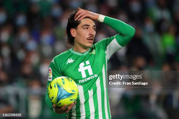 Hector Bellerin of Real Betis reacts during the LaLiga Santander match between Real Betis and RC Celta de Vigo at Estadio Benito Villamarin on...