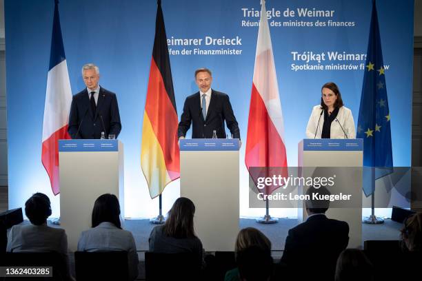 German Finance Minister Christian Lindner, French Finance Minister Bruno Le Maire, Polish Finance Minister, Magdalena Rzeczkowska during a press...