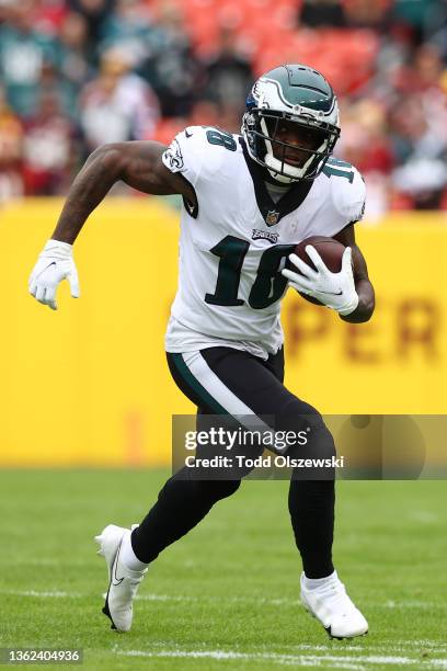 Jalen Reagor of the Philadelphia Eagles runs the ball during the first quarter against the Washington Football Team at FedExField on January 02, 2022...