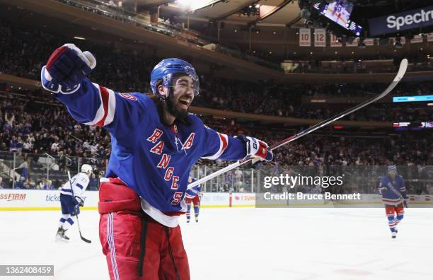 Mika Zibanejad of the New York Rangers scores his hattrick goal at 7:44 of the second period against the Tampa Bay Lightning at Madison Square Garden...