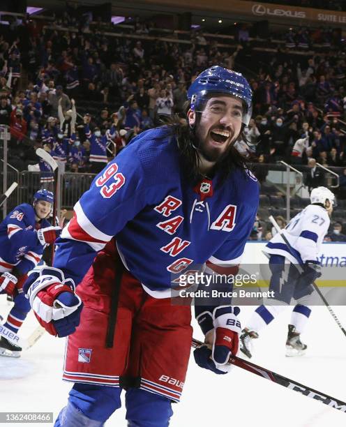 Mika Zibanejad of the New York Rangers scores his hattrick goal at 7:44 of the second period against the Tampa Bay Lightning at Madison Square Garden...