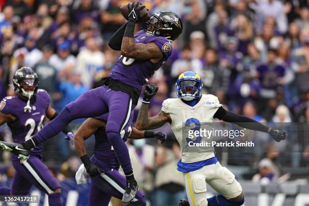 Chuck Clark of the Baltimore Ravens gets an interception in the second quarter of the game against the Los Angeles Rams at M&T Bank Stadium on...