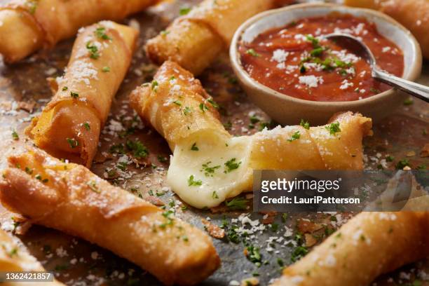 crispy mozzarella sticks wrapped in wonton wrappers - stick plant part stock pictures, royalty-free photos & images