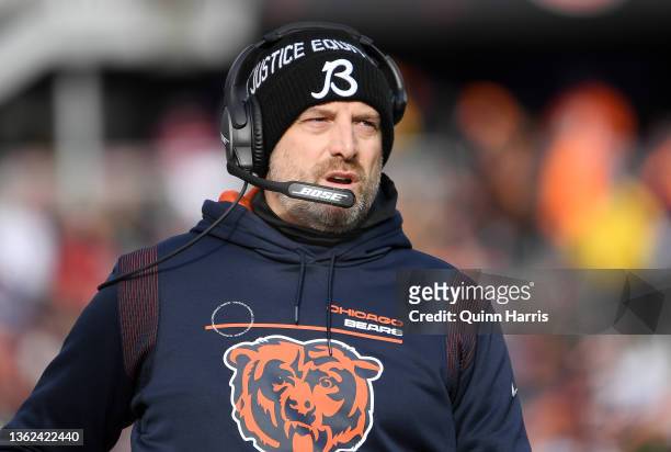 Head Coach Matt Nagy of the Chicago Bears reacts on the sidelines during the second quarter of the game against the New York Giants at Soldier Field...