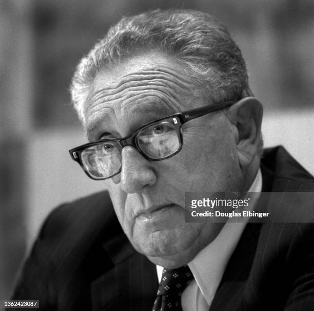 View of German-born American politician, former US Secretary of State Henry Kissinger during a faculty event at Michigan State University's Kellogg...