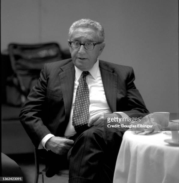 View of German-born American politician, former US Secretary of State Henry Kissinger during a faculty event at Michigan State University's Kellogg...