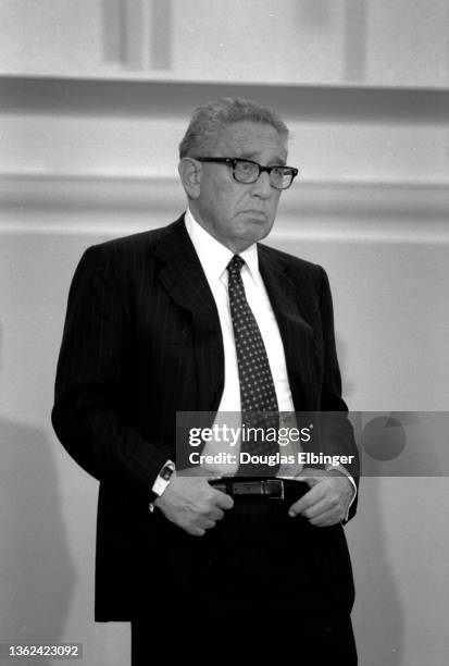 View of German-born American politician, former US Secretary of State Henry Kissinger during a faculty event at Michigan State University's Kellogg...