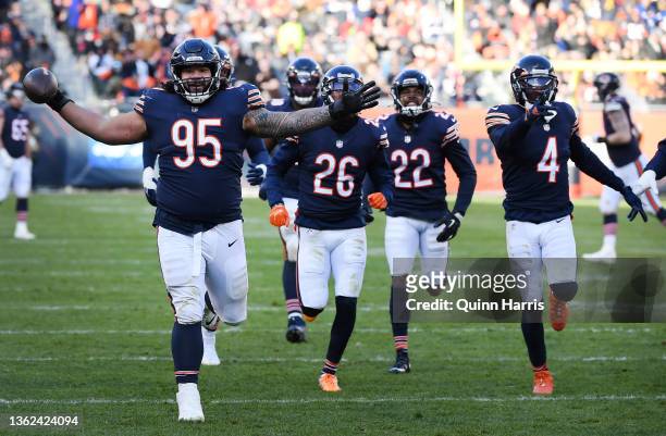 Khyiris Tonga of the Chicago Bears celebrates after a fumble recovery in the third quarter of the game against the New York Giants at Soldier Field...