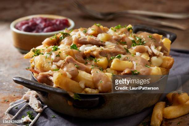 thanksgiving poutine - thanksgiving leftovers stock pictures, royalty-free photos & images
