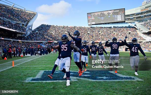 Khyiris Tonga of the Chicago Bears celebrates after fumble recovery in the third quarter of the game against the New York Giants at Soldier Field on...