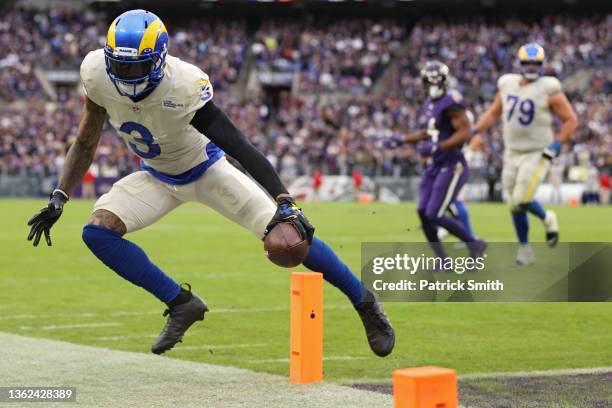 Odell Beckham Jr. #3 of the Los Angeles Rams scores the game-winning touchdown against the Baltimore Ravens during the fourth quarter at M&T Bank...