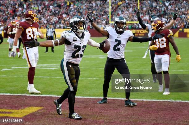 Rodney McLeod of the Philadelphia Eagles celebrates after an interception during the fourth quarter against the Washington Football Team at...