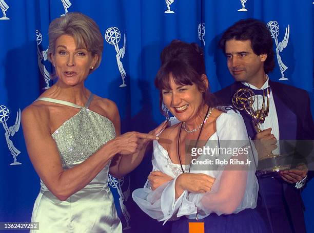 Candice Bergen has fun with her publicist Heidi Schaffer backstage at the Emmy Awards Show, September 8,1996 in Pasadena, California.