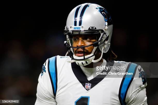 Cam Newton of the Carolina Panthers warms up before the game against the New Orleans Saints at Caesars Superdome on January 02, 2022 in New Orleans,...