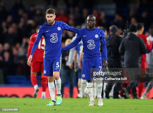 Jorginho and N'Golo Kante of Chelsea at the end of the Premier League match between Chelsea and Liverpool at Stamford Bridge on January 02, 2022 in...