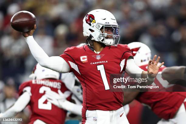 Kyler Murray of the Arizona Cardinals throws the ball during the third quarter against the Dallas Cowboys at AT&T Stadium on January 02, 2022 in...