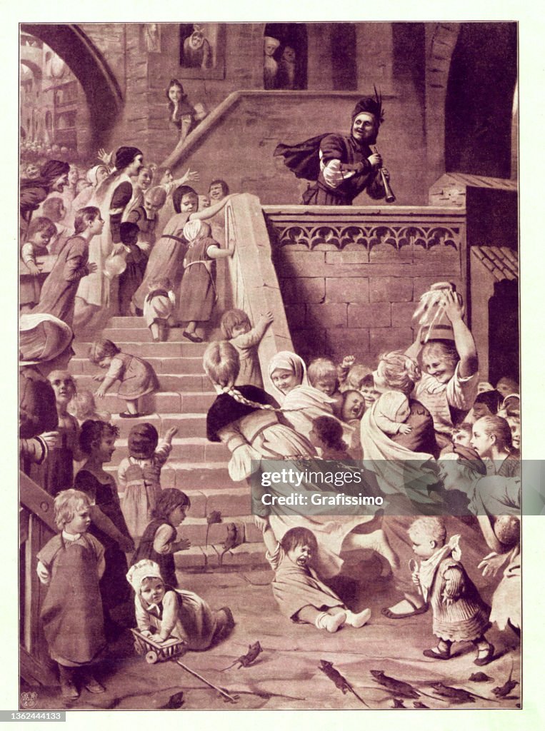 Pied Piper or Rat-Catcher of Hamelin playing the flute with children 1897