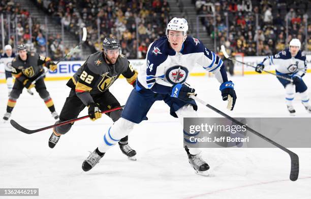 Logan Stanley of the Winnipeg Jets skates during the third period of a game against the Vegas Golden Knights at T-Mobile Arena on January 02, 2022 in...