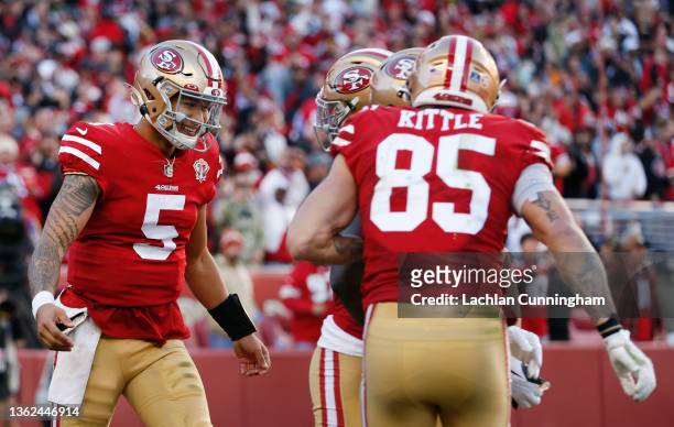 San Francisco 49ers players celebrate after a touchdown by Deebo Samuel of the San Francisco 49ers in the fourth quarter of the game against the...