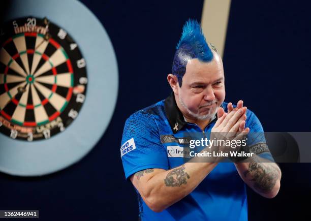 Peter Wright of Scotland reacts to the win during his Semi-Finals Match against Gary Anderson of Scotland during Day Fifteen of The William Hill...