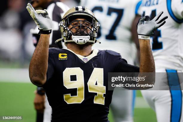 Cameron Jordan of the New Orleans Saints reacts after making a sack in the fourth quarter of the game against the Carolina Panthers at Caesars...