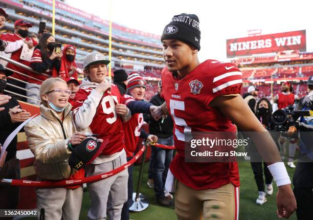 Trey Lance of the San Francisco 49ers leaves the field after defeating the Houston Texans 23-7 at Levi's Stadium on January 02, 2022 in Santa Clara,...