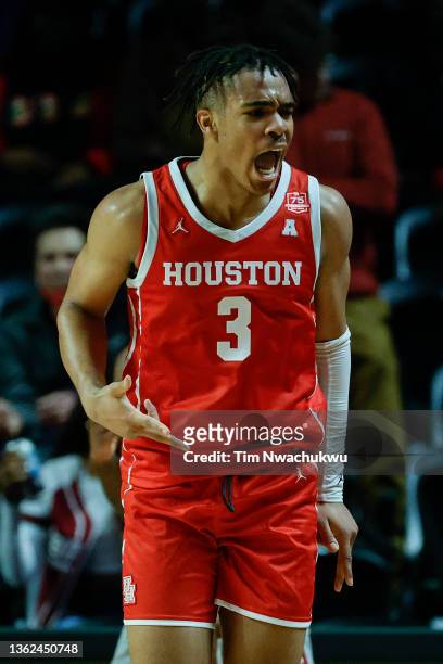 Ramon Walker Jr. #3 of the Houston Cougars reacts during the second half against the Temple Owls at Liacouras Center on January 02, 2022 in...