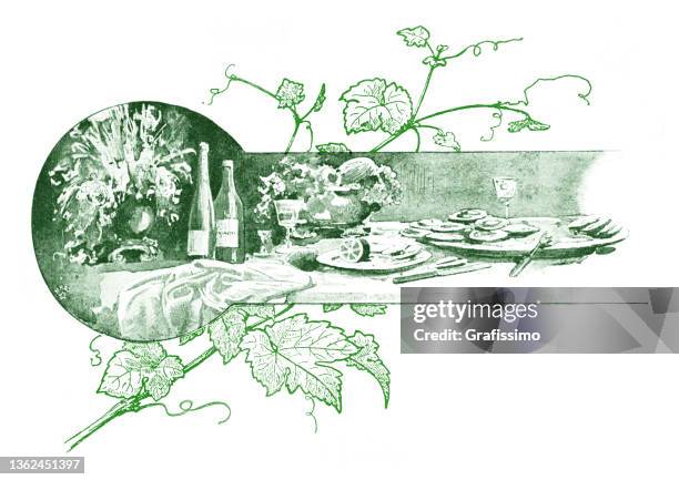 art nouveau design element for decoration wine grapes leaves and bottle drawing 1898 - vintage restaurant stock illustrations