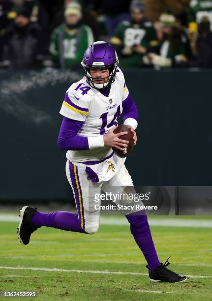 Quarterback Sean Mannion of the Minnesota Vikings warms up prior to the game against the Green Bay Packers at Lambeau Field on January 02, 2022 in...