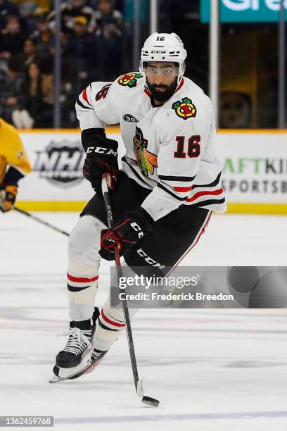 Jujhar Khaira of the Chicago Blackhawks plays against the Nashville Predators at Bridgestone Arena on January 01, 2022 in Nashville, Tennessee.