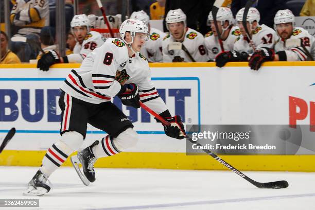 Dominik Kubalik of the Chicago Blackhawks plays against the Nashville Predators at Bridgestone Arena on January 01, 2022 in Nashville, Tennessee.