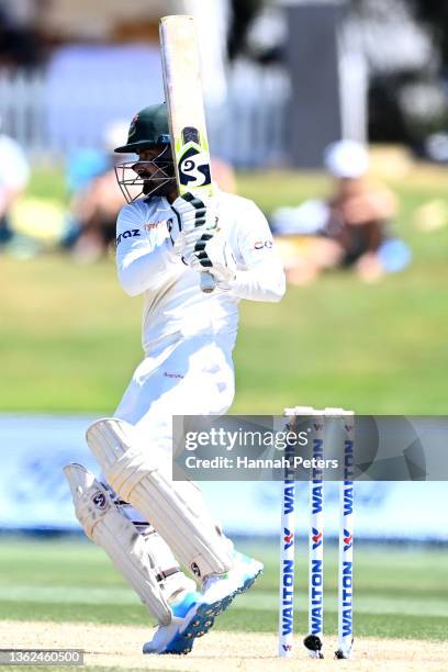 Liton Das of Bangladesh plays the ball away for four runs during day three of the First Test Match in the series between New Zealand and Bangladesh...