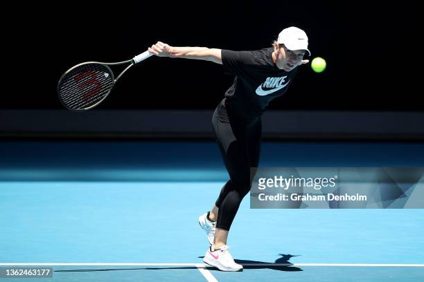 Simona Halep of Romania plays a backhand during a practice session during day one of the Melbourne Summer Set at Melbourne Park on January 03, 2022...