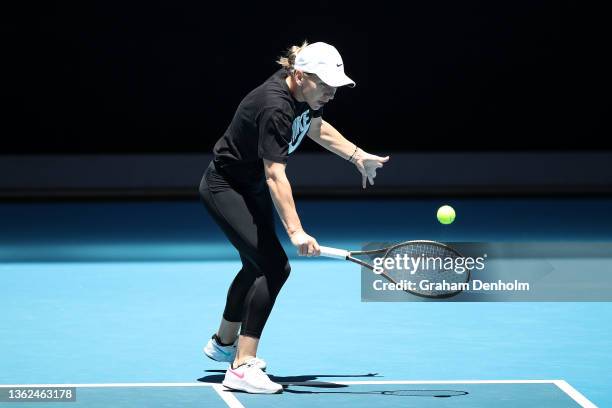 Simona Halep of Romania plays a backhand during a practice session during day one of the Melbourne Summer Set at Melbourne Park on January 03, 2022...