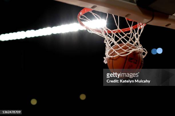 Detailed view of the ball during warm ups prior to the game between the Los Angeles Lakers and the Portland Trail Blazers at Crypto.com Arena on...