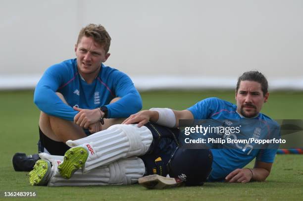 Dom Bess and Rory Burns of England look on during an England nets session at Sydney Cricket Ground on January 03, 2022 in Sydney, Australia.