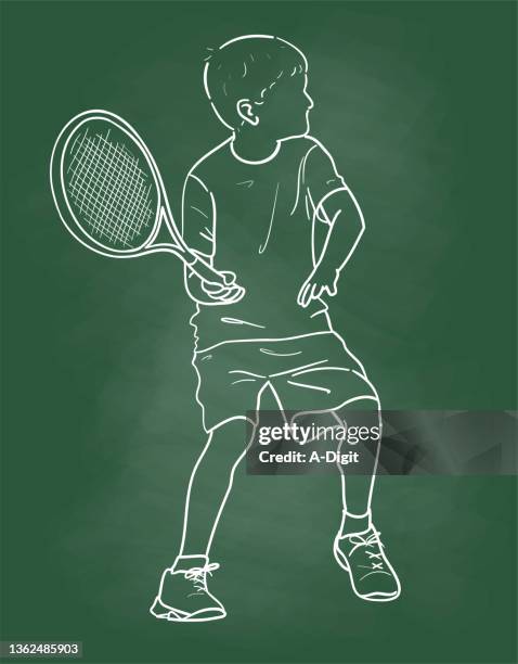 boy tennis stroke chalkboard - short shorts stock illustrations