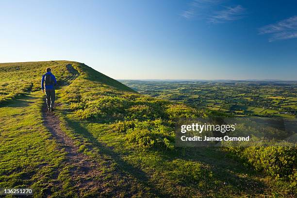 walker on the offa's dyke path - welsh hills stock pictures, royalty-free photos & images