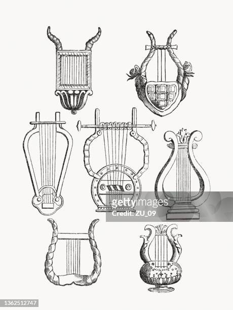 ilustrações, clipart, desenhos animados e ícones de harpas antigas e instrumentos de cordas, gravuras de madeira, publicadas em 1862 - string instrument