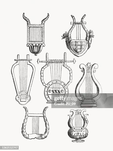 ancient harps and string instruments, wood engravings, published in 1862 - david harp stock illustrations