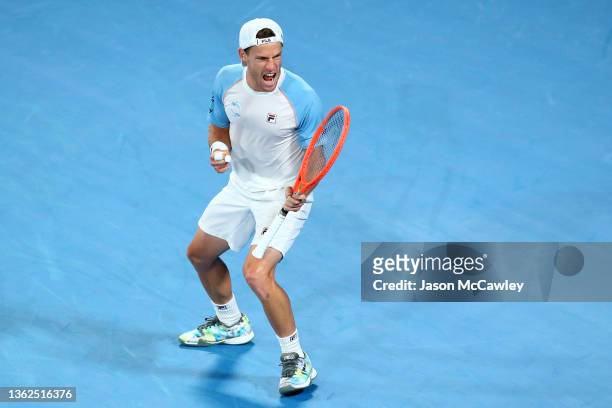 Diego Schwartzman of Argentina celebrates a point in his group D match against Stefanos Tsitsipas of Greece during the day three 2022 ATP Cup tie...