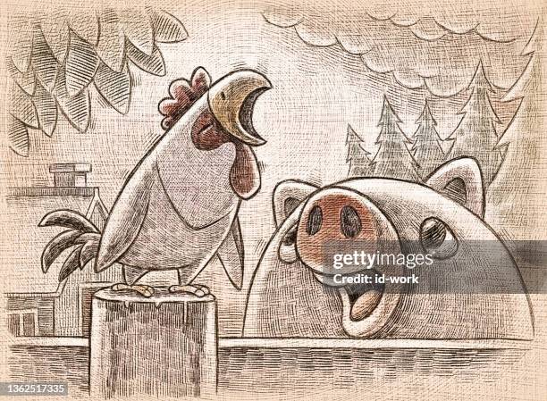 piggy meeting crowing rooster - cartoon chickens stock illustrations