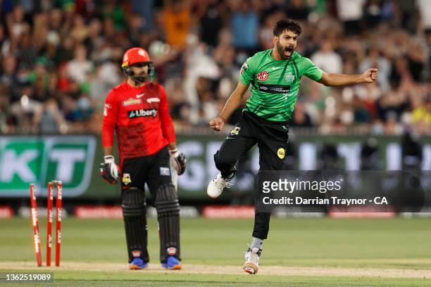Haris Rauf of the Stars celebrates the wicket of Mohammad Nabi of the Melbourne Renegades during the Men's Big Bash League match between the...