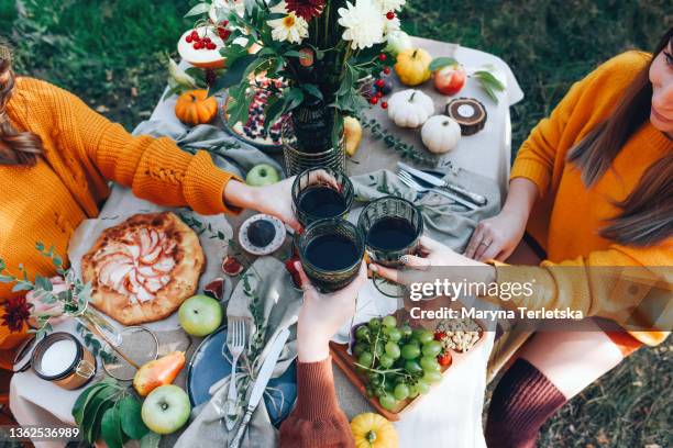 beautiful table setting in nature in an autumn theme. table setting. interesting table setting in the autumn theme. table setting in gray tones. - party atmosphere stock pictures, royalty-free photos & images