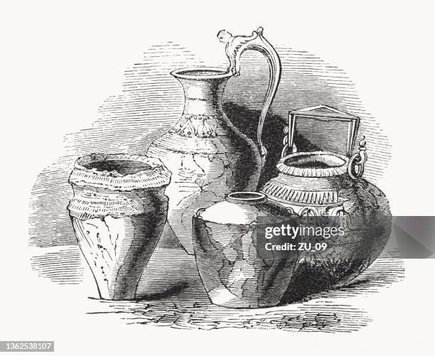 metal vessels from ancient times, wood engraving, published in 1862 - ancient vase stock illustrations