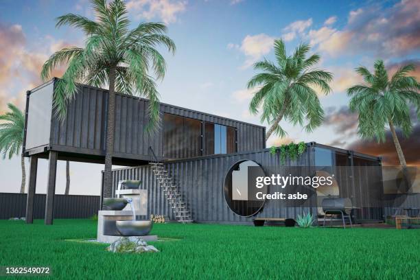 modern duplex container tiny house concept - tijdelijk gebouw stockfoto's en -beelden