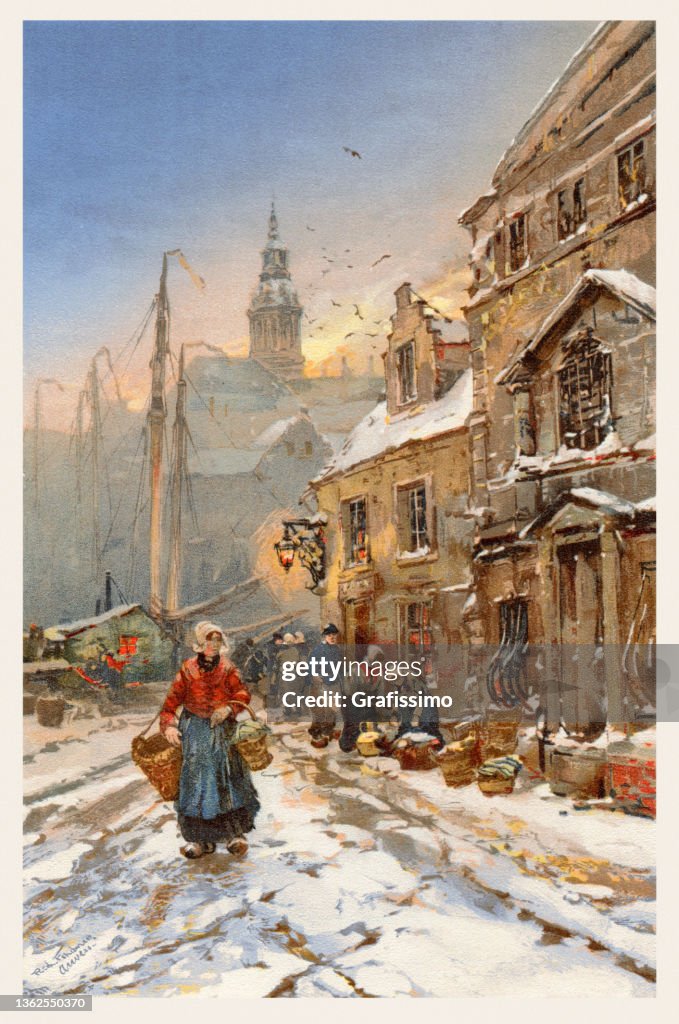 Winter in Amsterdam harbor district drawing 1896