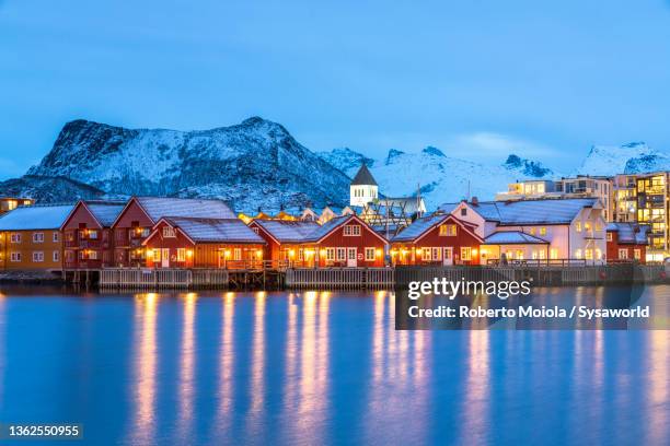 fishing village of svolvaer at dusk in winter, norway - austvagoy stock-fotos und bilder