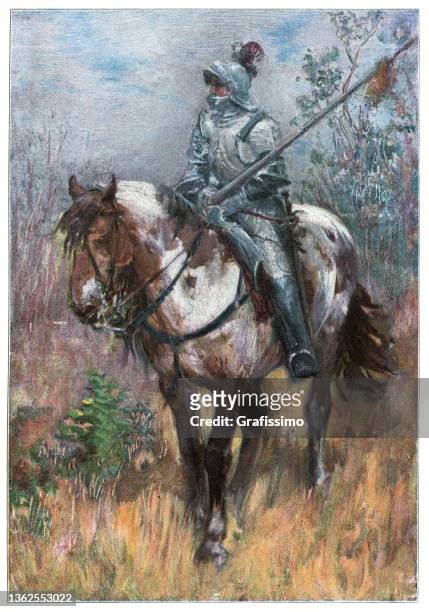 knight in armour on horse waiting to attack painting - horse pictures stock illustrations